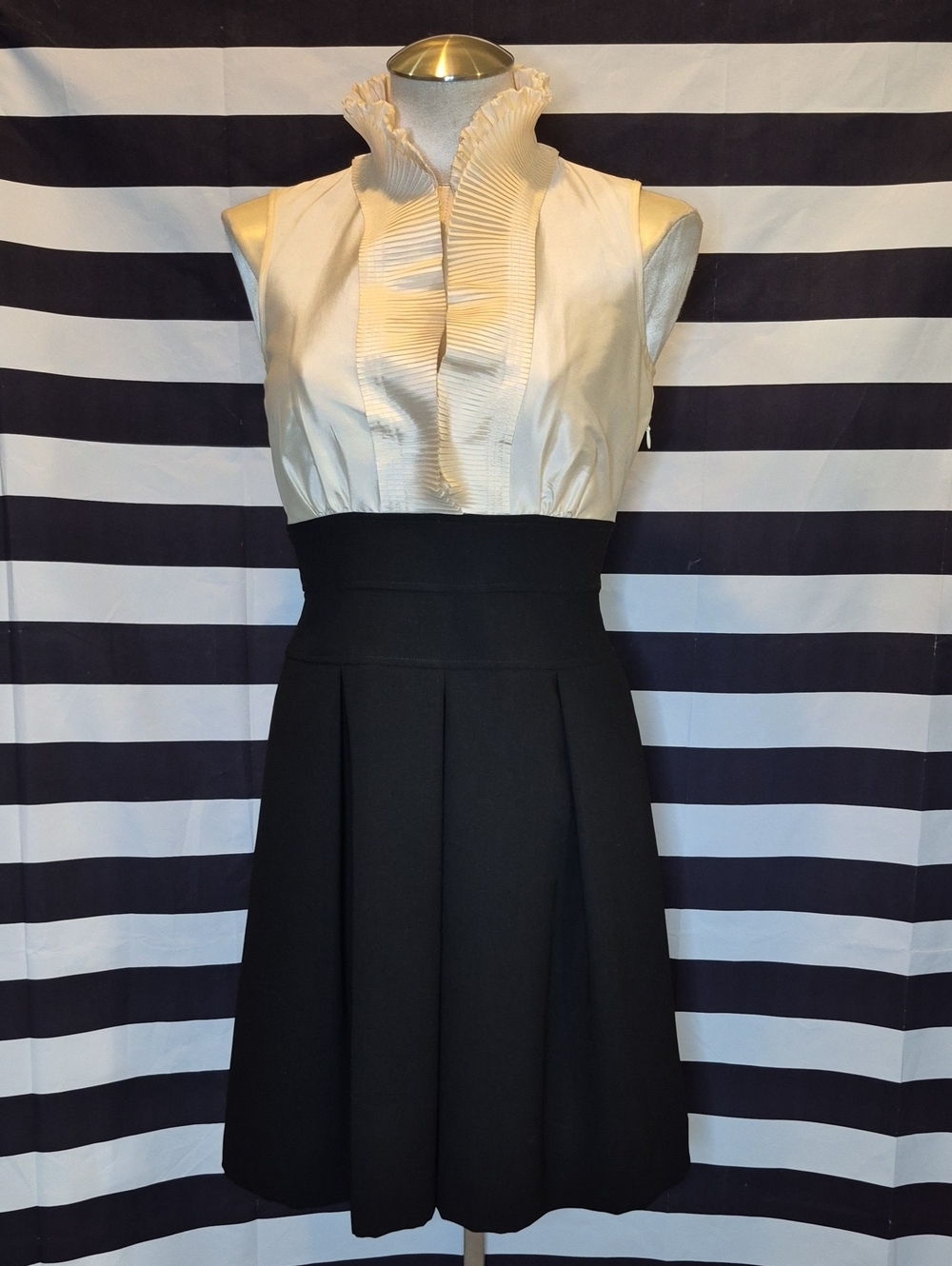 Vintage Calvin Klein Cream Ruffled Bodice Black High-Waist Tuxedo Dress